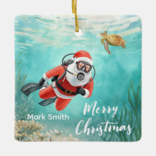 Scuba Christmas Santa Claus diving with turtle Ceramic Ornament
