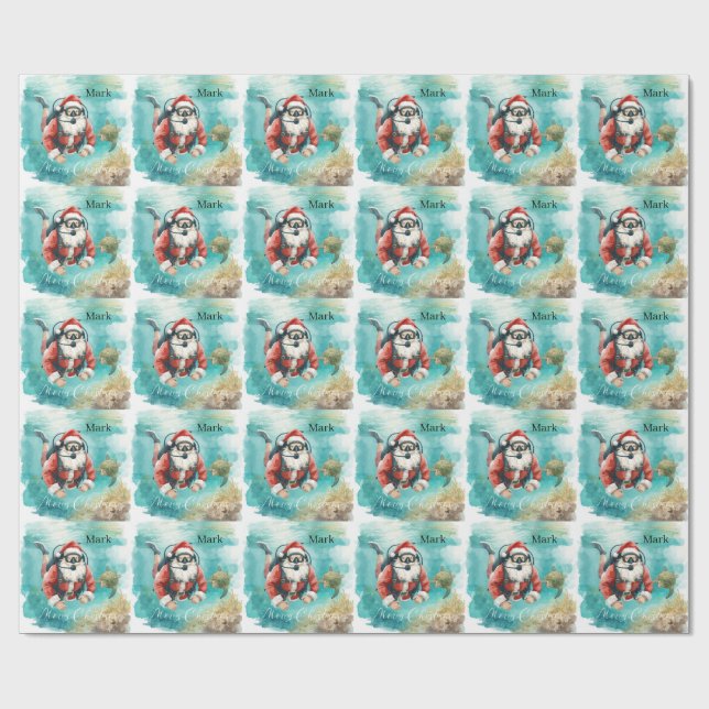 Scuba Christmas Santa Claus diving with turtle Wrapping Paper (Flat)