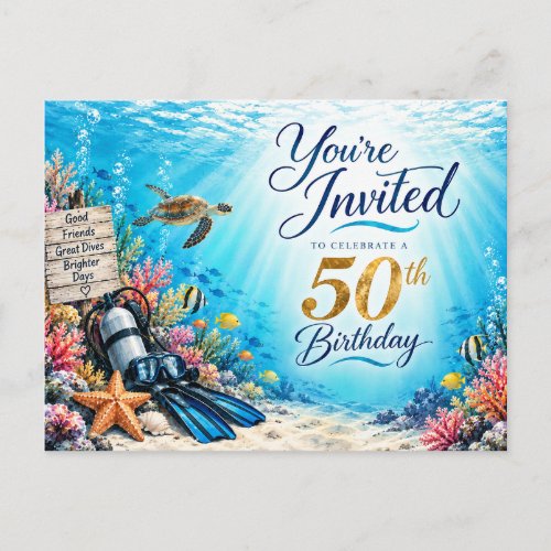 Scuba Diver 50th Birthday Underwater Invitation Postcard