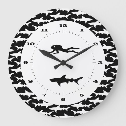 Scuba Diver and School of Sharks Danger Zone Large Clock