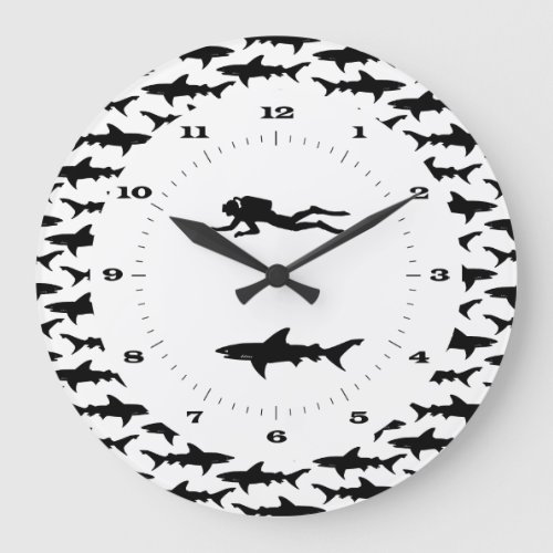 Scuba Diver and School of Sharks Danger Zone Large Clock