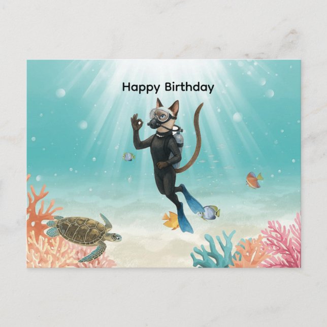 Scuba Diver Cat Happy Birthday under the sea Postcard (Front)