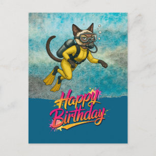 Scuba diver diving cat happy birthday postcard
