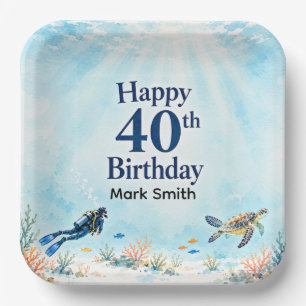 Scuba Diver Happy 40th Birthday Design Paper Plates