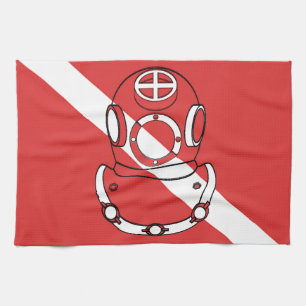 SCUBA DIVER HELMET RED WHITE DIVERS FLAG GIFT KITCHEN TOWEL