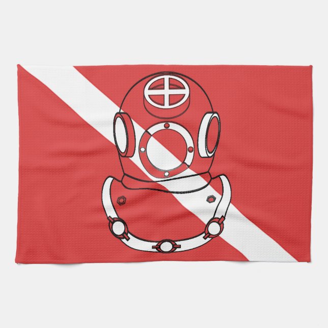 SCUBA DIVER HELMET RED WHITE DIVERS FLAG GIFT KITCHEN TOWEL (Horizontal)