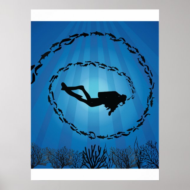 Scuba Diver in a Fish Shoal Poster (Front)