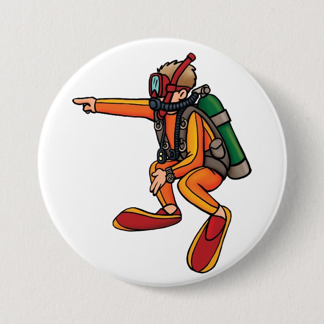 Scuba Diver in Orange Wetsuit Pointing Button (Front)
