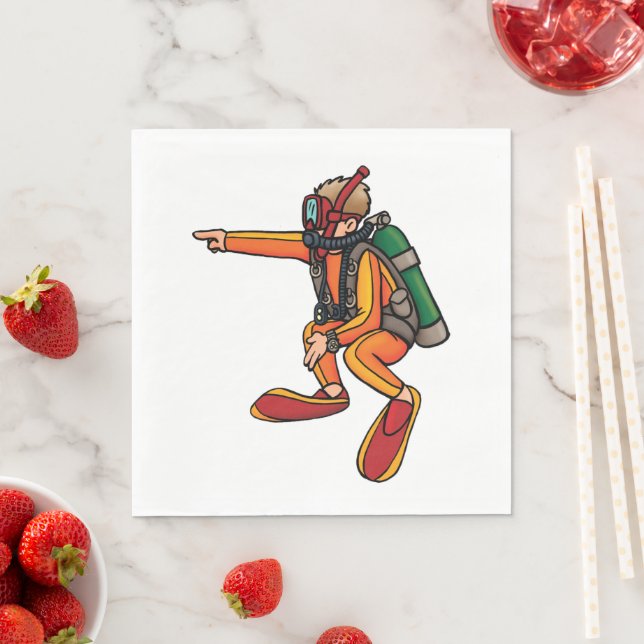 Scuba Diver in Orange Wetsuit Pointing Napkins (Insitu)