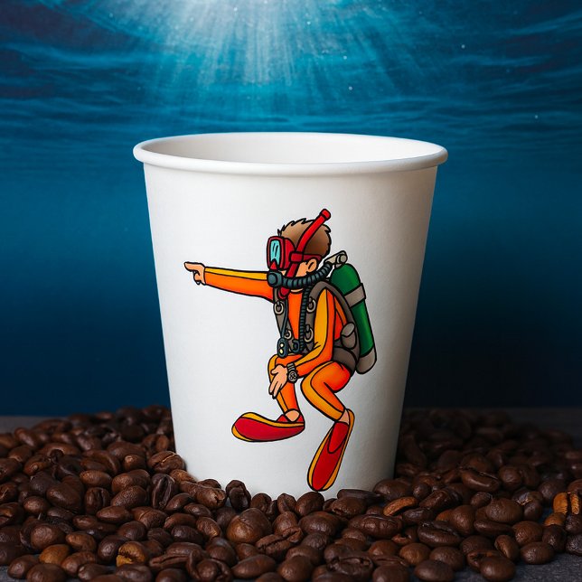 Scuba Diver in Orange Wetsuit Pointing Paper Cups (Creator Uploaded)