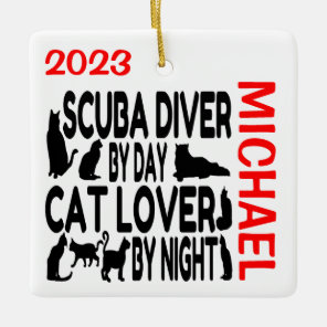Scuba Diver Loves Cats CUSTOM Ceramic Ornament