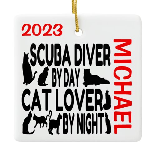 Scuba Diver Loves Cats CUSTOM Ceramic Ornament