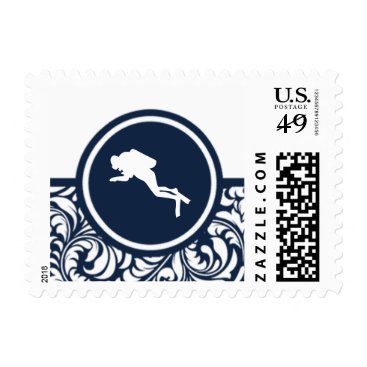 Scuba Diver Navy Blue Damask Wedding Invitation Postage Scuba Diver Navy Blue Damask Wedding Invitation Postage