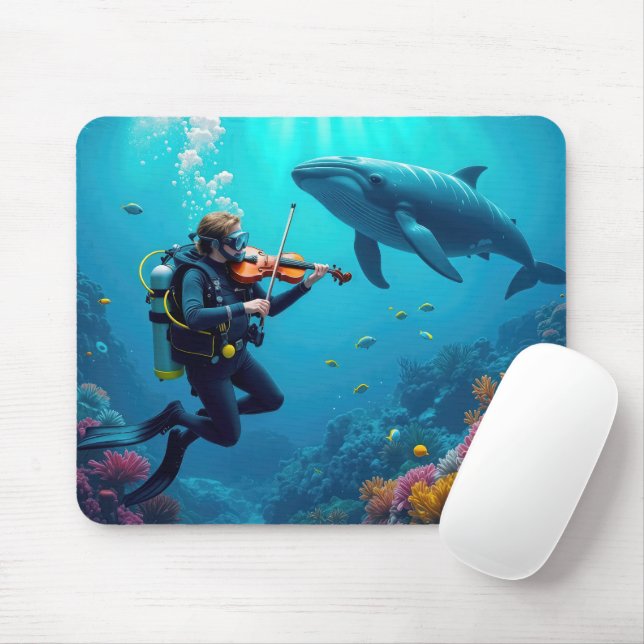 Scuba Diver Playing a Violin For a Whale Mouse Pad (With Mouse)