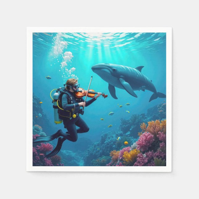 Scuba Diver Playing a Violin For a Whale Napkins (Front)