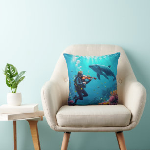 Scuba Diver Playing a Violin For a Whale Throw Pillow