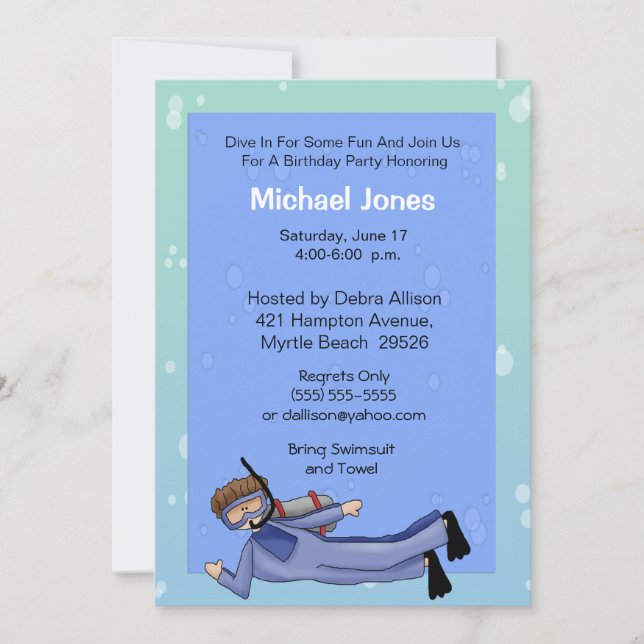 Scuba Diver Pool Party Birthday Invitation (Front)