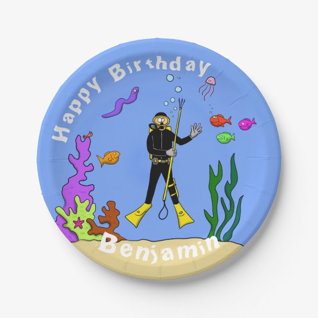 Scuba diver sea life cartoon paper plates (Front)