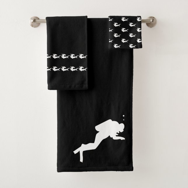 Scuba diver shark Bathroom Black white towel set (Insitu)