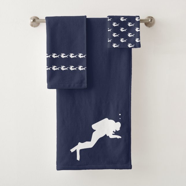 Scuba diver shark Bathroom Ocean Blue towel set (Insitu)