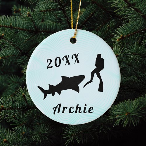 Scuba Diver &amp; Shark Ocean Sea Underwater Diving    Ceramic Ornament