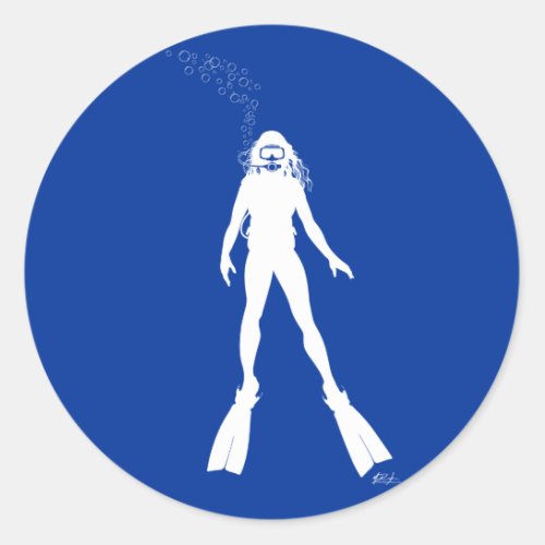 Scuba Diver Silhouette Woman Classic Round Sticker