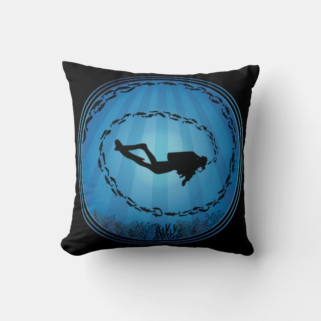 Scuba Diver Surrounded Throw Pillow (Front)
