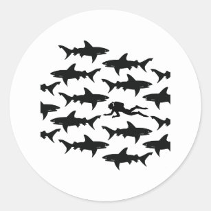 Scuba Diver Swimming with a School of Sharks Classic Round Sticker