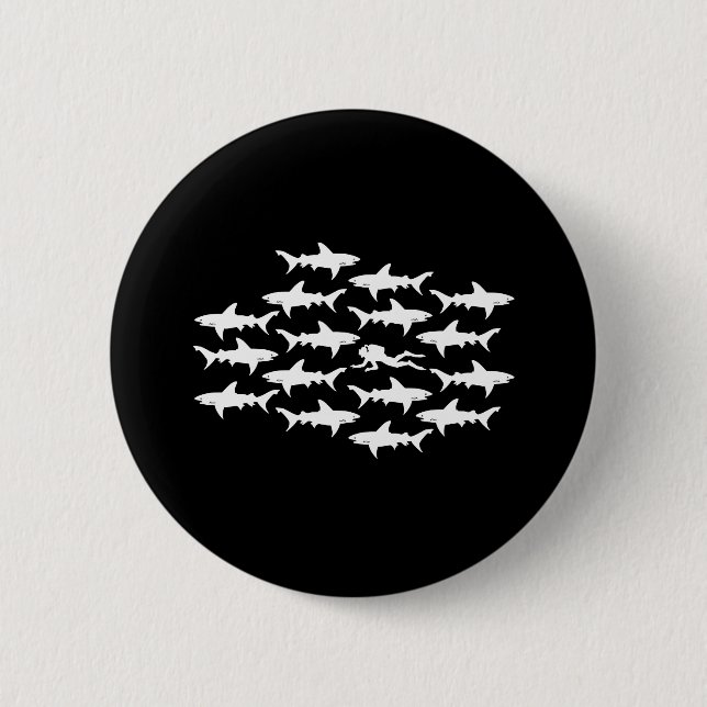 Scuba Diver Swimming with a School of Sharks Pinback Button (Front)