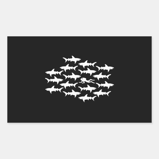 Scuba Diver Swimming with a School of Sharks Rectangular Sticker (Front)