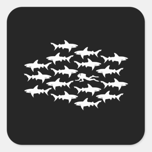 Scuba Diver Swimming with a School of Sharks Square Sticker