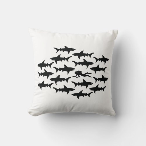 Scuba Diver Swimming with a School of Sharks Throw Pillow