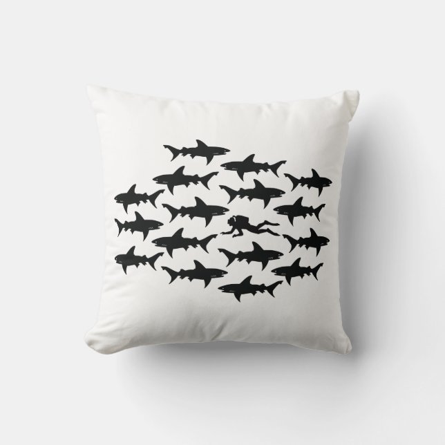 Scuba Diver Swimming with a School of Sharks Throw Pillow (Front)