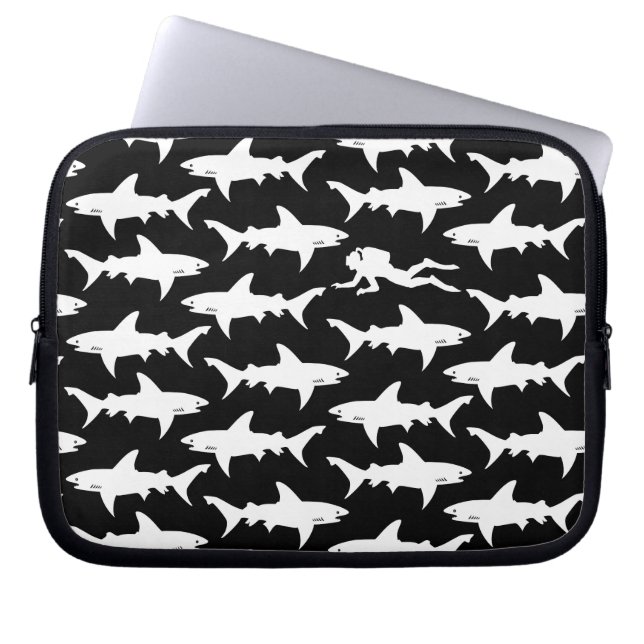 Scuba Diver Swimming with School of Sharks Laptop Sleeve (Front)