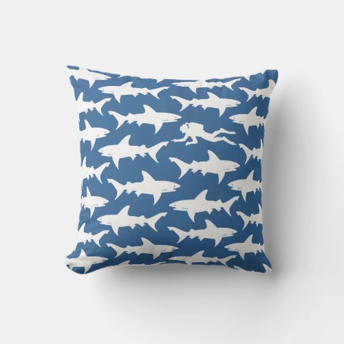 Scuba Diver Swimming with School of Sharks Throw Pillow