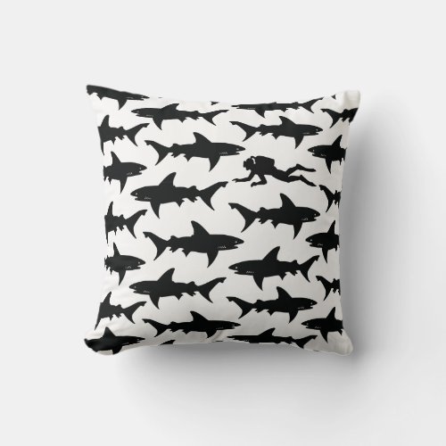 Scuba Diver Swimming with School of Sharks Throw Pillow