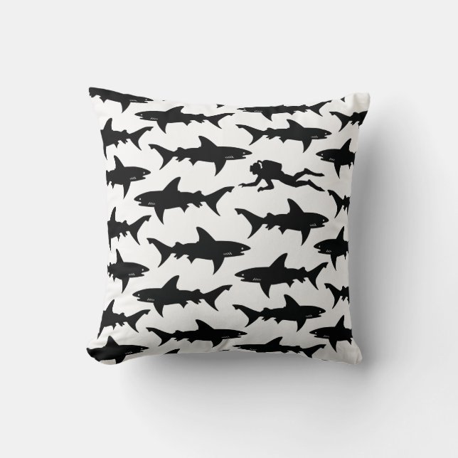 Scuba Diver Swimming with School of Sharks Throw Pillow (Front)
