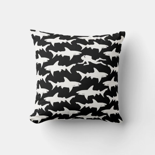 Scuba Diver Swimming with School of Sharks Throw Pillow