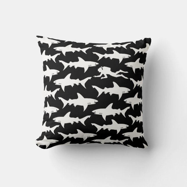 Scuba Diver Swimming with School of Sharks Throw Pillow (Front)