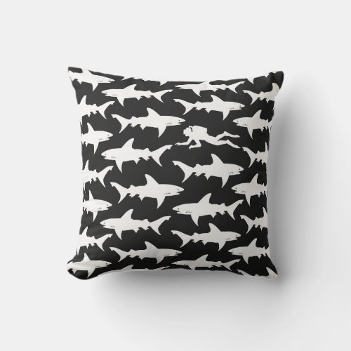 Scuba Diver Swimming with School of Sharks Throw Pillow