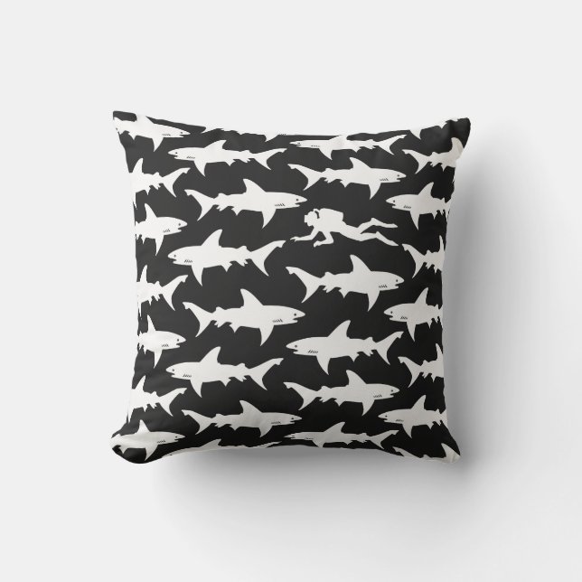 Scuba Diver Swimming with School of Sharks Throw Pillow (Front)