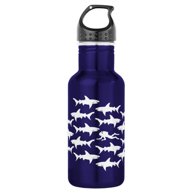 Scuba Diver Swimming with Sharks Funny Water Bottle (Front)