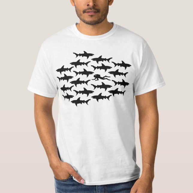 Scuba Diver Swimming with Sharks T-Shirt (Front)