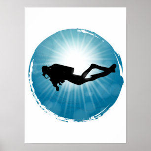 Scuba Diver Underwater Light Rays Poster