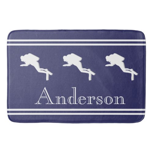 SCUBA DIVERS Monogrammed White Navy Gray Bath Mat