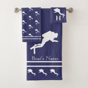 SCUBA DIVERS Monogrammed White Navy Gray Bath Towel Set