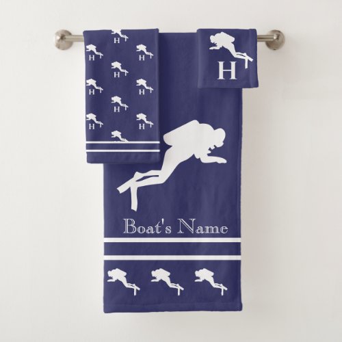 SCUBA DIVERS Monogrammed White Navy Gray Bath Towel Set