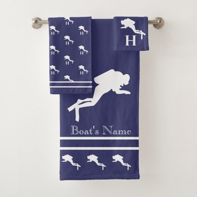 SCUBA DIVERS Monogrammed White Navy Gray Bath Towel Set (Insitu)