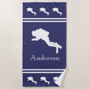 SCUBA DIVERS Monogrammed White Navy Gray Beach Towel