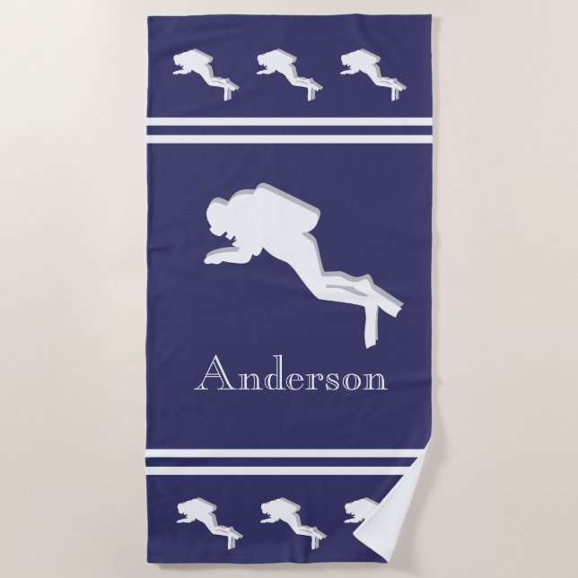 SCUBA DIVERS Monogrammed White Navy Gray Beach Towel (Front)